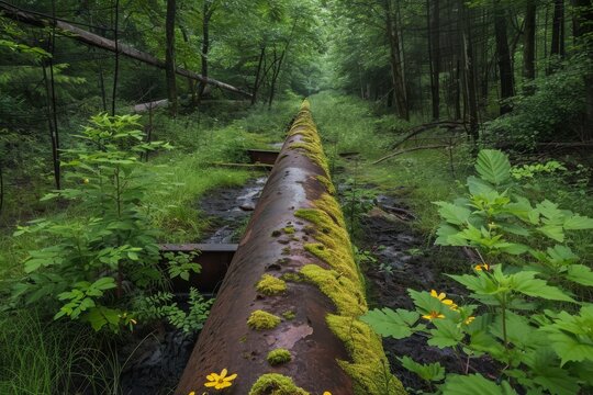 A log covered in vibrant green moss stands amidst the dense foliage of a forest, A flourishing ecosystem growing around an abandoned pipeline, AI Generated
