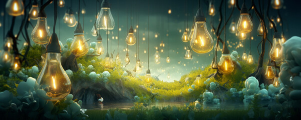 Magical forest scene illuminated by hanging incandescent light bulbs, with a tranquil pond reflecting the soft glow, evoking a sense of wonder and enchantment