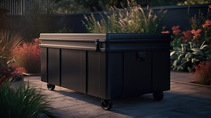 Black outdoor storage box sits on wheels in a garden. - Powered by Adobe