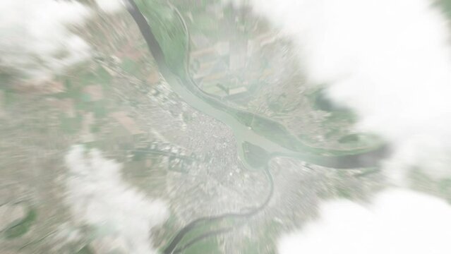 Earth zoom in from space to Zemun, Serbia. Followed by zoom out through clouds and atmosphere into space. Satellite view. Travel intro. Images from NASA