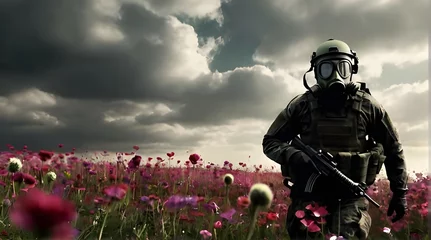 Fotobehang A soldier wearing a gas mask walks in a field of flowers, a very atmospheric contrast zoom animation. Generative AI © Carlos