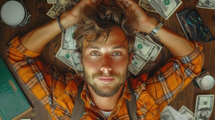 content creator surrounded by money. stacked bills rain down in a mountain of money. Success and passive income of an influencer - obrazy, fototapety, plakaty