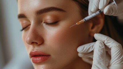 woman with facial treatment in aesthetic clinic, receives a botox injection above her face, her eyes are closed and the doctor is wearing medical gloves.  - obrazy, fototapety, plakaty
