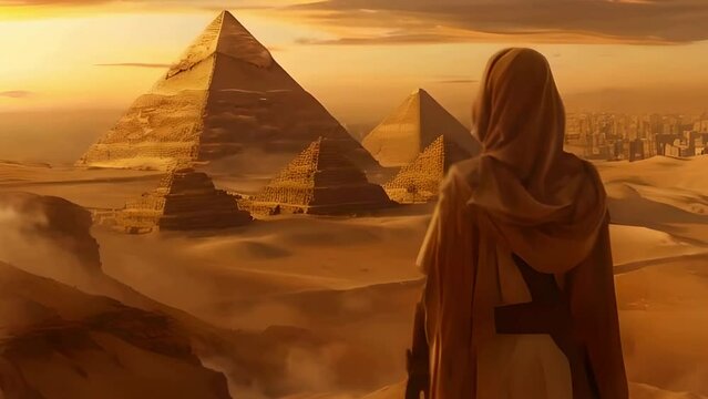 pharaohs looking at sphinx and pyramids , desert of egypt