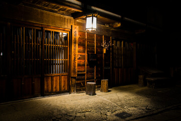 Tsumago, Japan - March 21 2016: Tsumago town night pictures and japanese traditional village houses...