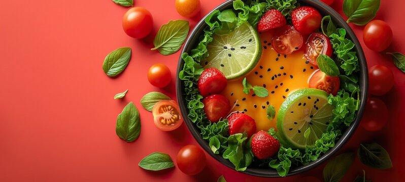 organic salad with fresh strawberries, tomatoes, and greens, sprinkled with seeds on a red background, symbolizing healthy, natural food for commercial use