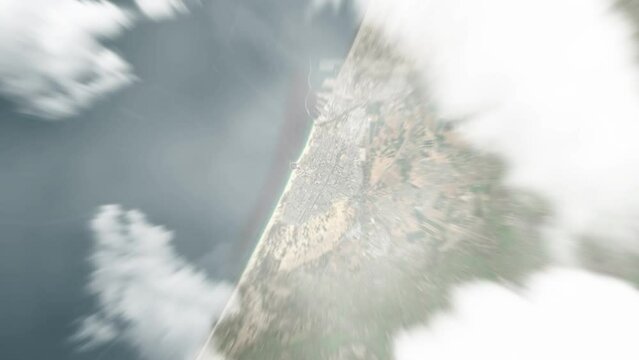 Earth zoom in from space to Ashdod, Israel. Followed by zoom out through clouds and atmosphere into space. Satellite view. Travel intro. Images from NASA