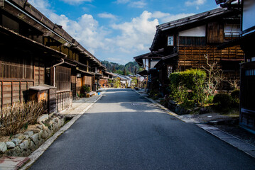 Tsumago, Japan - March 21 2016: Tsumago town daytime and japanese traditional village houses