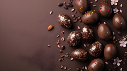 Easter wallpaper with chocolate eggs on a brown background and copy space for various uses.