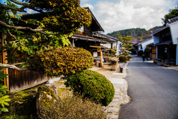 Tsumago, Japan - March 21 2016: Tsumago town daytime and japanese traditional village houses