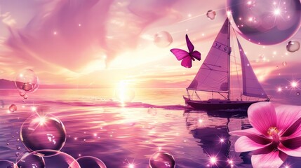   sailboard and purple butterfly in sunset - obrazy, fototapety, plakaty