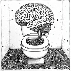 The brain flushes down the toilet or the brain grows out of the toilet. Imitation sketch print in black and white coloring. Abstractionism, surrealism and symbolism in the painting. Concept.
