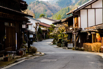 Tsumago, Japan - March 21 2016: Tsumago town daytime and japanese traditional village houses