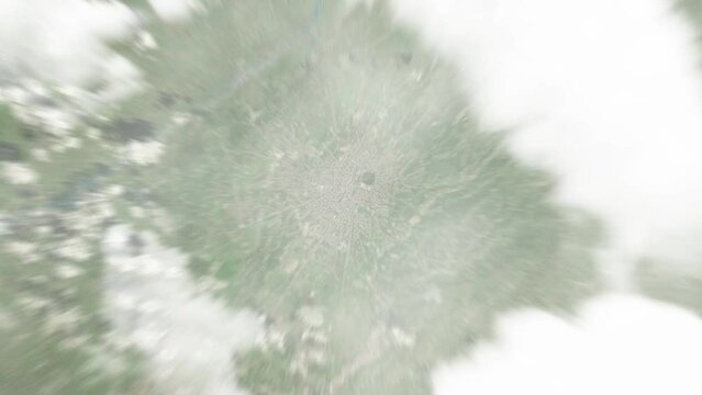 Earth zoom in from space to Zugdidi, Georgia. Followed by zoom out through clouds and atmosphere into space. Satellite view. Travel intro. Images from NASA