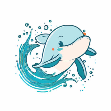 Cute dolphin cartoon waving. 2d illustration in doo
