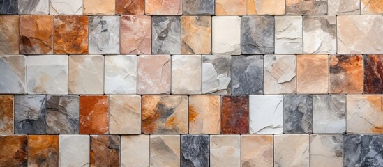 A detailed view of a wall constructed with a variety of colorful stone tiles