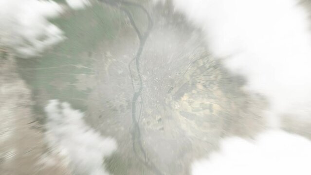 Earth zoom in from space to Cairo, Egypt. Followed by zoom out through clouds and atmosphere into space. Satellite view. Travel intro. Images from NASA