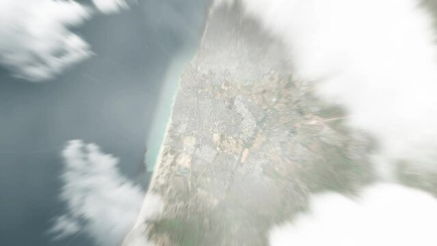 Earth zoom in from space to Holon, Israel. Followed by zoom out through clouds and atmosphere into space. Satellite view. Travel intro. Images from NASA