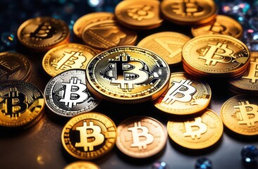 Trading, chart, bitcoin coins, money, rich. Close-up bitcoin coin with flying coins. Bitcoin Crypto currency Gold BTC Bit Coin close up of Bitcoin coins isolated. Blockchain technology, bitcoin mining