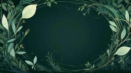 Green Botanical  Frame on Elegant Dark green Background with Golden Accents