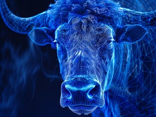 Close-up of the horned face of a bison in a grid style. A computer generated polygonal image. Facial recognition grid on a live subject. Illustration for a cover, poster, brochure or presentation. - obrazy, fototapety, plakaty