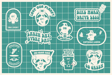 Set of Earth Day stickers in trendy retro groovy style. Funny Earth planet characters. Save the planet, eco friendly concept. Vector illustration in monochrome.