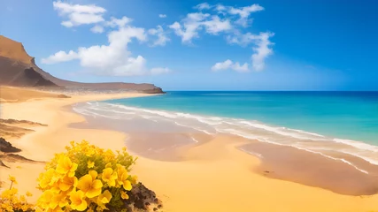 Rolgordijnen Canarische Eilanden The sea and sandy beach in sunny weather on the Canary Islands, Spain, is an ideal place to relax