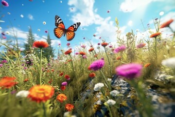 Obraz premium Butterfly in the meadow among wild flowers and grass