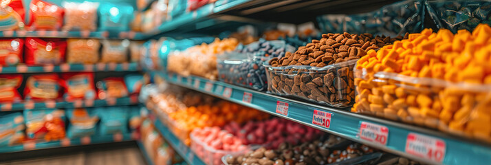 Shelves in a pet store display a range of pet food, toys, and accessories. Customers peruse the selection. - obrazy, fototapety, plakaty