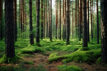 A dense forest with tall trees and moss-covered ground on a sunny day