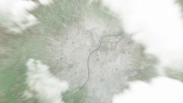 Earth zoom in from space to Ahmedabad, India. Followed by zoom out through clouds and atmosphere into space. Satellite view. Travel intro. Images from NASA