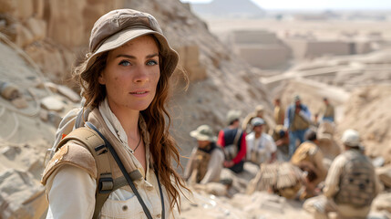 Concentrated female archaeologist in foreground with colleagues digging at ancient site behind