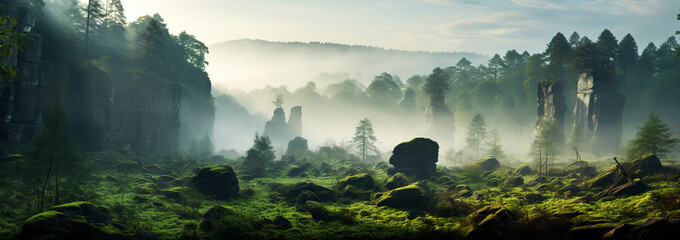 Harsh summer landscape with green vegetation among tall rocky cliffs in the morning mist - obrazy, fototapety, plakaty
