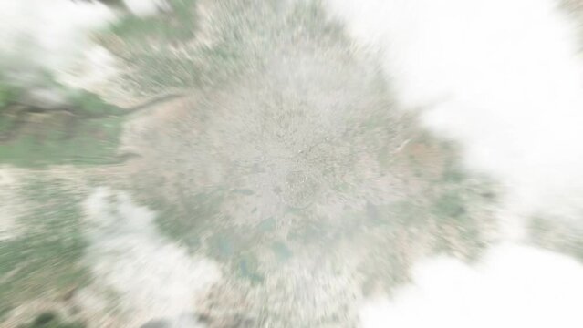 Earth zoom in from space to Coimbatore, India. Followed by zoom out through clouds and atmosphere into space. Satellite view. Travel intro. Images from NASA