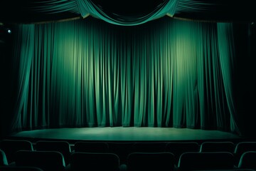 A theater stage with a vibrant green curtain set in place for an upcoming performance.