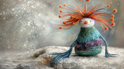 Cute whimsical felting toy with hair sticking out. A fictional fairy tale character. Handmade. Illustration for cover, card, postcard, interior design, decor or print. - obrazy, fototapety, plakaty