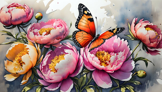 bright butterflies and peony flowers painted in watercolor