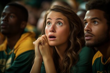 Naklejka premium A young woman with long brown hair and blue eyes is sitting in a crowd wearing a yellow and green shirt, watching a game with a surprised look on her face.
