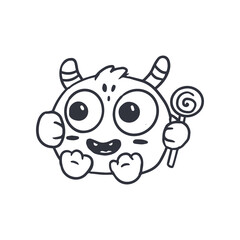 Cute cartoon monster on white background. Monster Icon. Happy Alien. Coloring. Doodle Funny monster with candy. 
