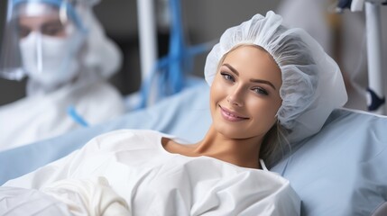 Attractive woman on operating table getting prepared for surgery in hospital setting