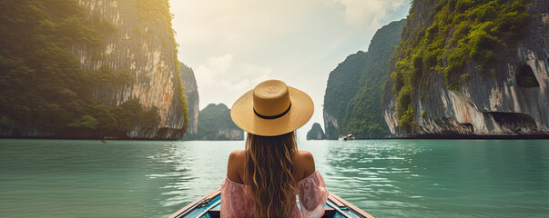 Young girl with summer hat sitting on boat from rear side.