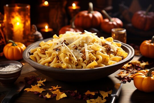A large bowl of pasta with a creamy sauce is topped with grated parmesan cheese and walnut pieces. The bowl sits on a wooden table with scattered fall leaves, small pumpkins, and candles.