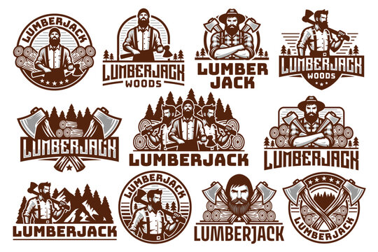 Vector set of lumberjack logo design template, retro vintage look, suitable for wood related business.