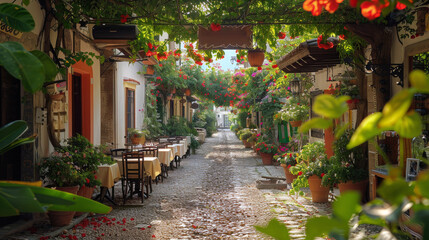 Fototapeta premium Cobblestone Street With Potted Plants and Flowers