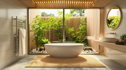 A calming zen bathroom with a freestanding bathtub and a window overlooking a bamboo garden.