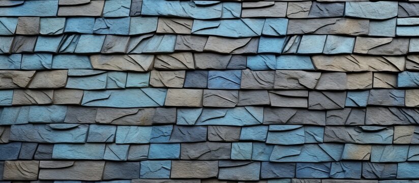 The image features a detailed view of a roof in shades of blue and grey, adorned with wooden shingles.