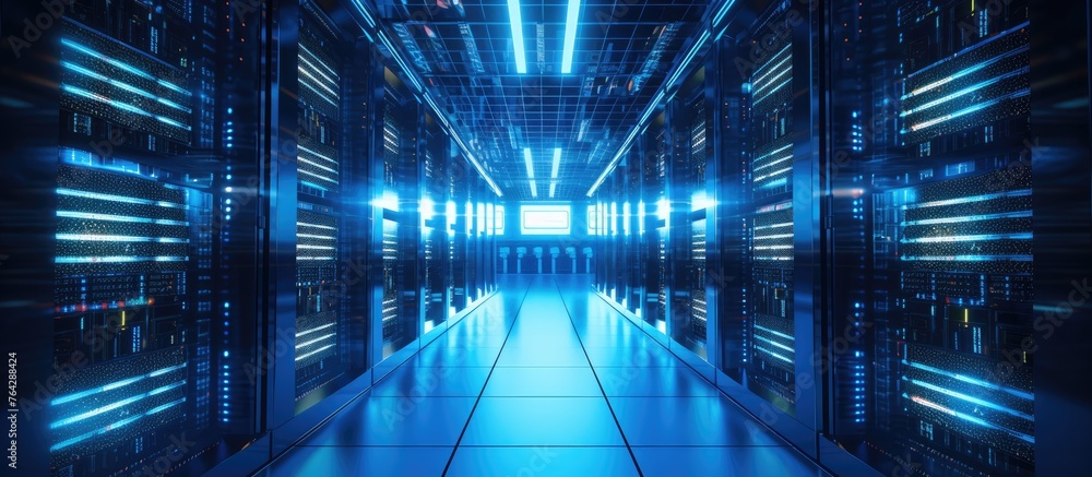 Poster imagine a spacious hallway housing numerous server units neatly arranged in a data center environmen