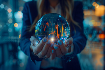 Stock market prediction, financial forecasting. Woman holding a crystal globe with a candlestick chart showing in it. High quality photo - obrazy, fototapety, plakaty