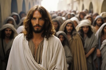 A man looks like a Jesus, wearing a white robe, walks through a crowded street in ancient Jerusalem. Other people, also wearing robes, are walking behind him and on either side.