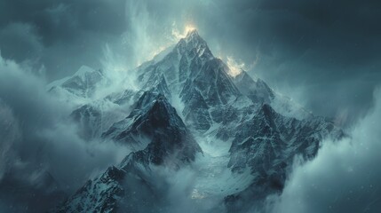 Mountain Shrouded in Clouds and Lightning - obrazy, fototapety, plakaty